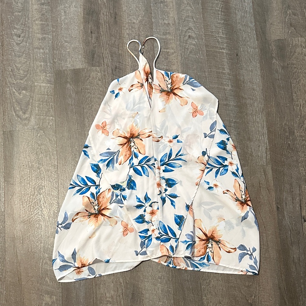 Elegant Floral Halter Dress in Blue and Orange